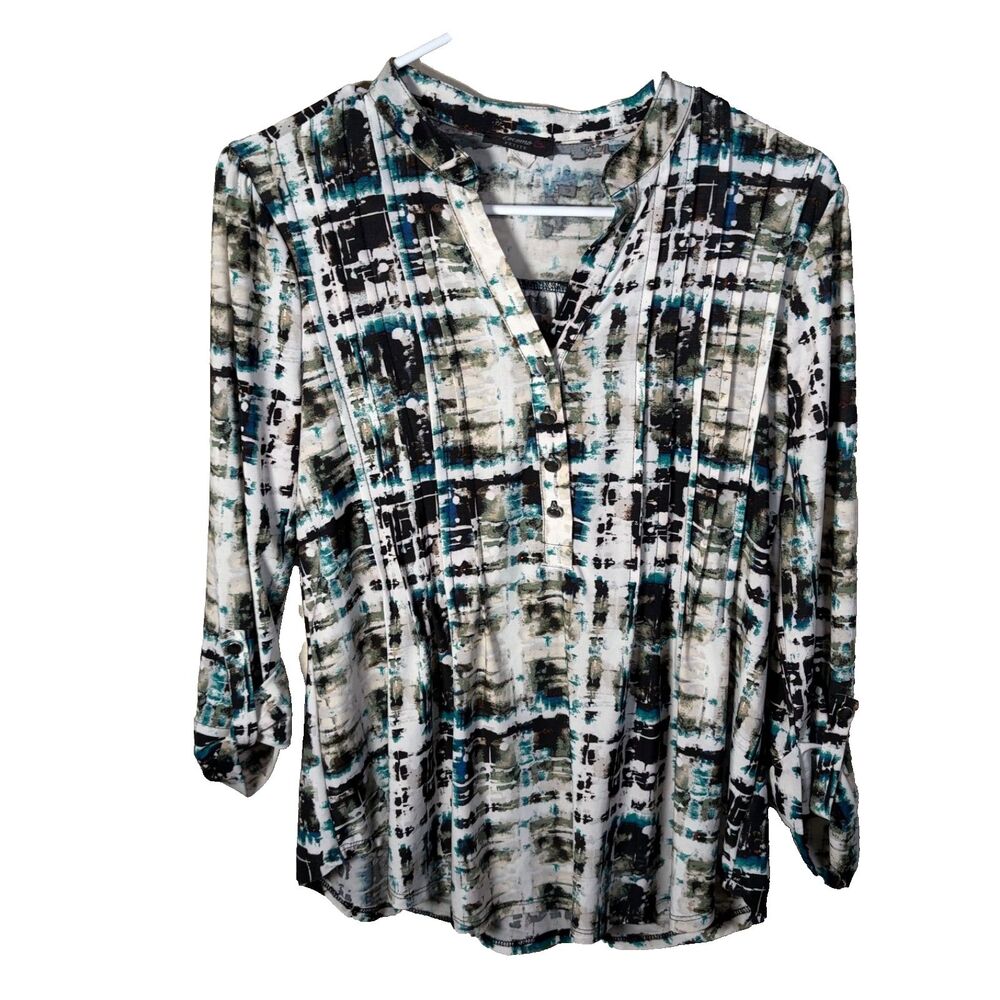Cocomo Blouse Women's Petite Medium Button Up V-Neck 3/4 Sleeve Pleated